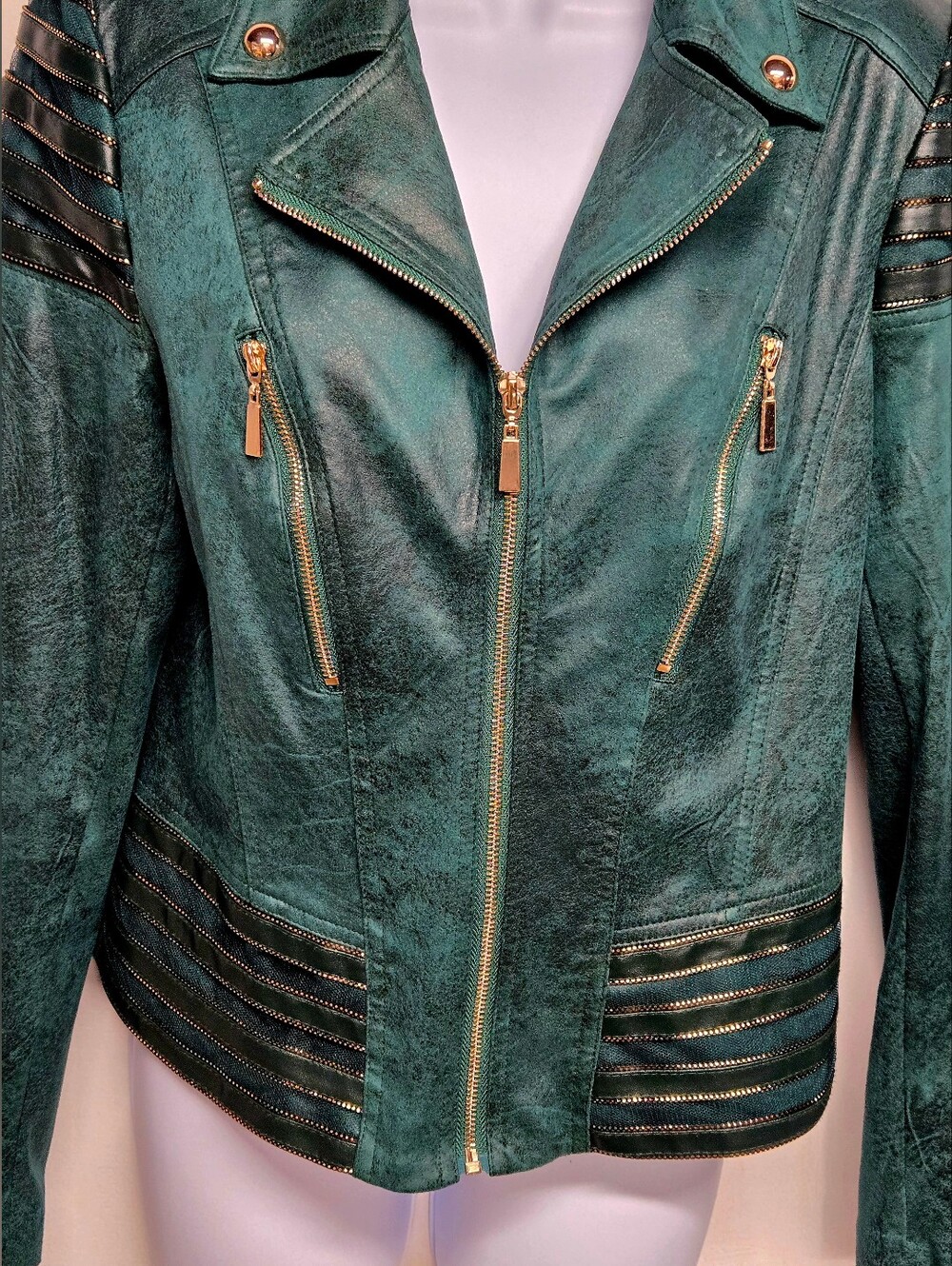 Frank Lyman L Faux Suede Moto Jacket Dark Forest Green Gold Tone Hardware - Picture 2 of 9